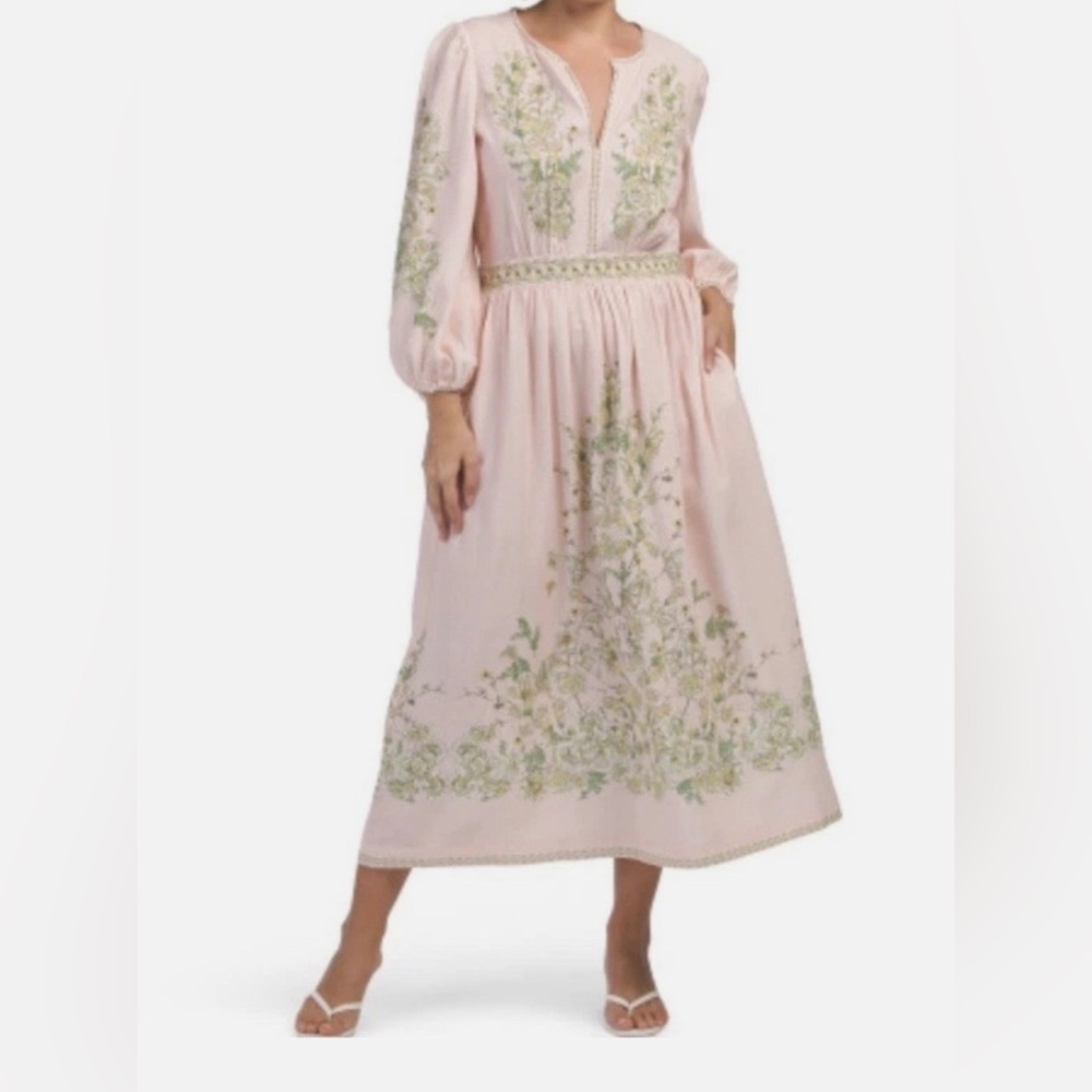 Max Studio linen blend puff sleeve pink/cream floral print dress